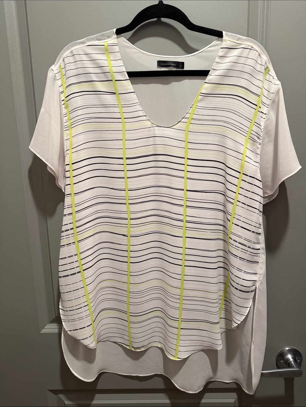 Calvin Klein White V-Neck Top with Neon Yellow & Black Stripes